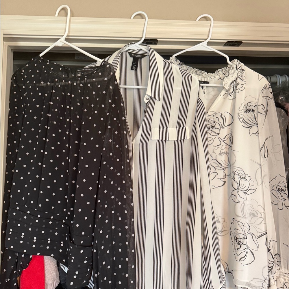 White House Black Market tops: polka dot,  blk/white stripe, white/blk floral